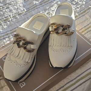 Dolce Vita White Mules with Gold Chain Accent